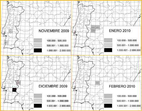 Distribuci&oacute;n de las grandes concentraciones de Paloma Torcaz en los 4 meses de seguimiento durante la invernada 2009-10. Se representan los resultados (n&uacute;mero de palomas) sobre la ret&iacute;cula UTM de 50x50 km.